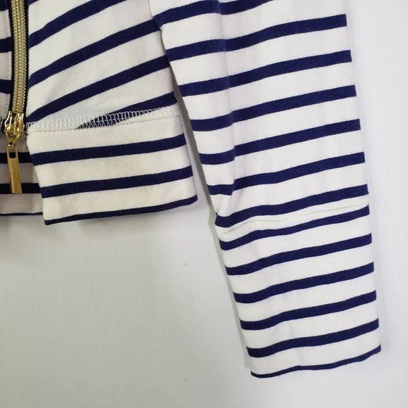 Stella & Dot Crush It Stripe Sweatshirt Top Zip Hem L Navy‎ Blue Off White - Picture 4 of 9